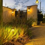 An outdoor area illuminated by landscape lighting that casts shadows and adds depth to the space.